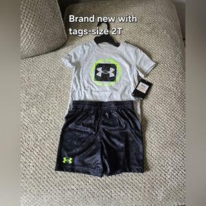 Under Armour Gray Tee & Black Shorts with Neon Green Logo - Toddler